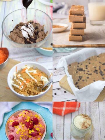 Collage image of mug cakes, protein bars, ice cream, and breads.