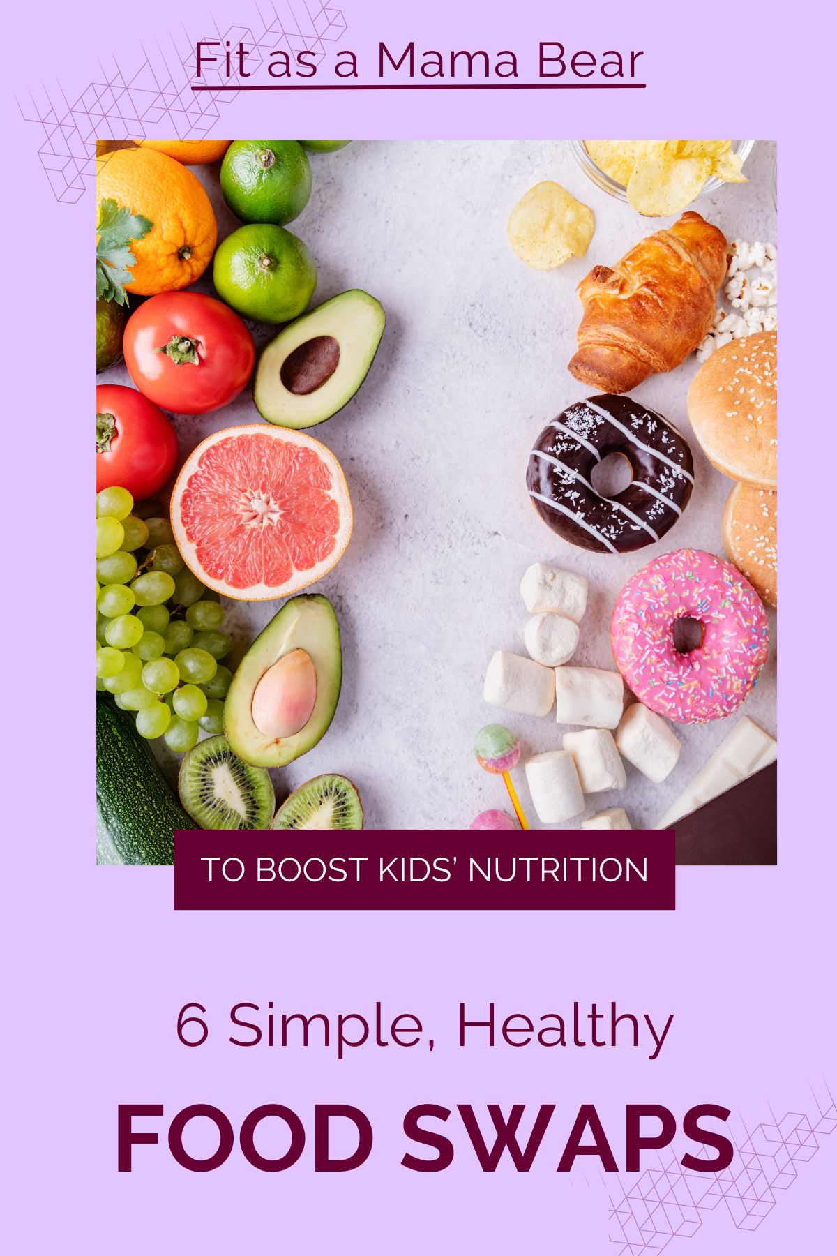 Healthy food like fruits and avocados on the left side with donuts and treats on the right side and text below the image.