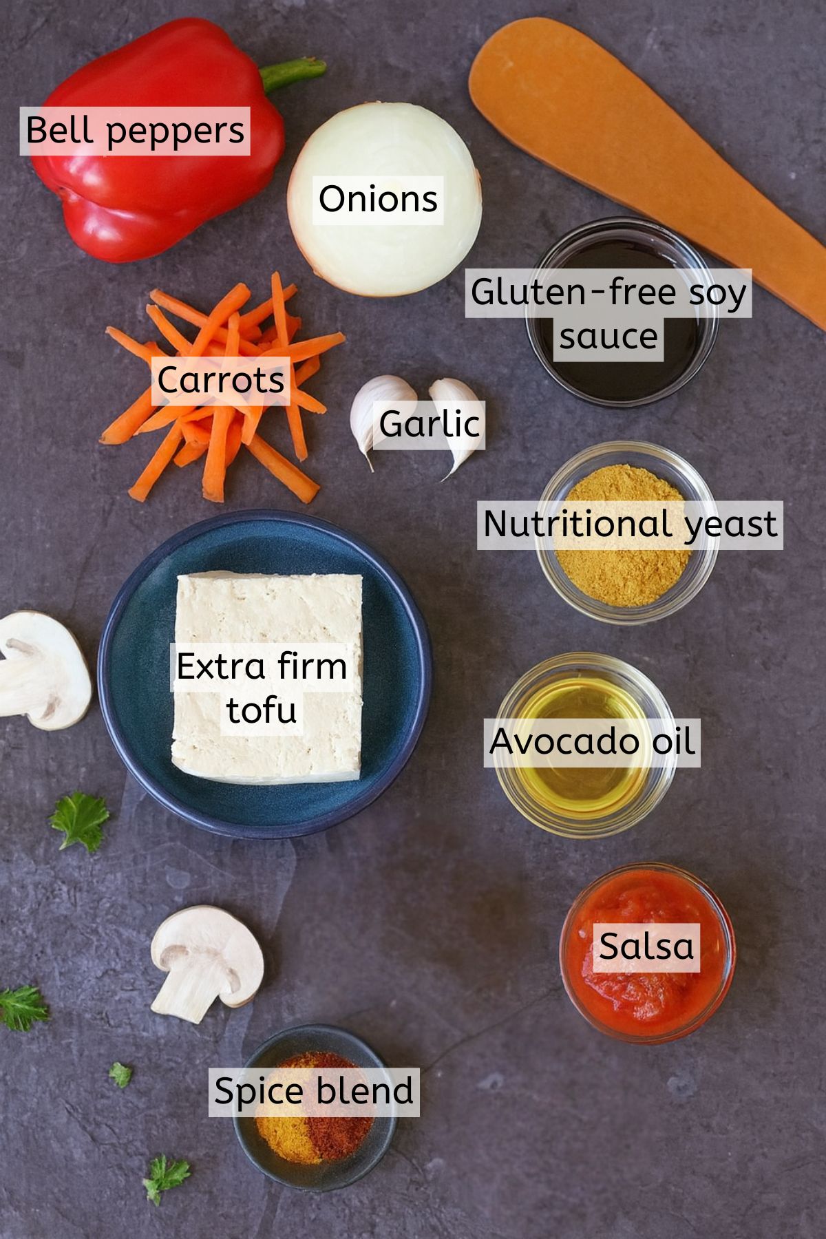 Ingredients like tofu, soy sauce, seasonings and veggies in bowls with text labels over top.