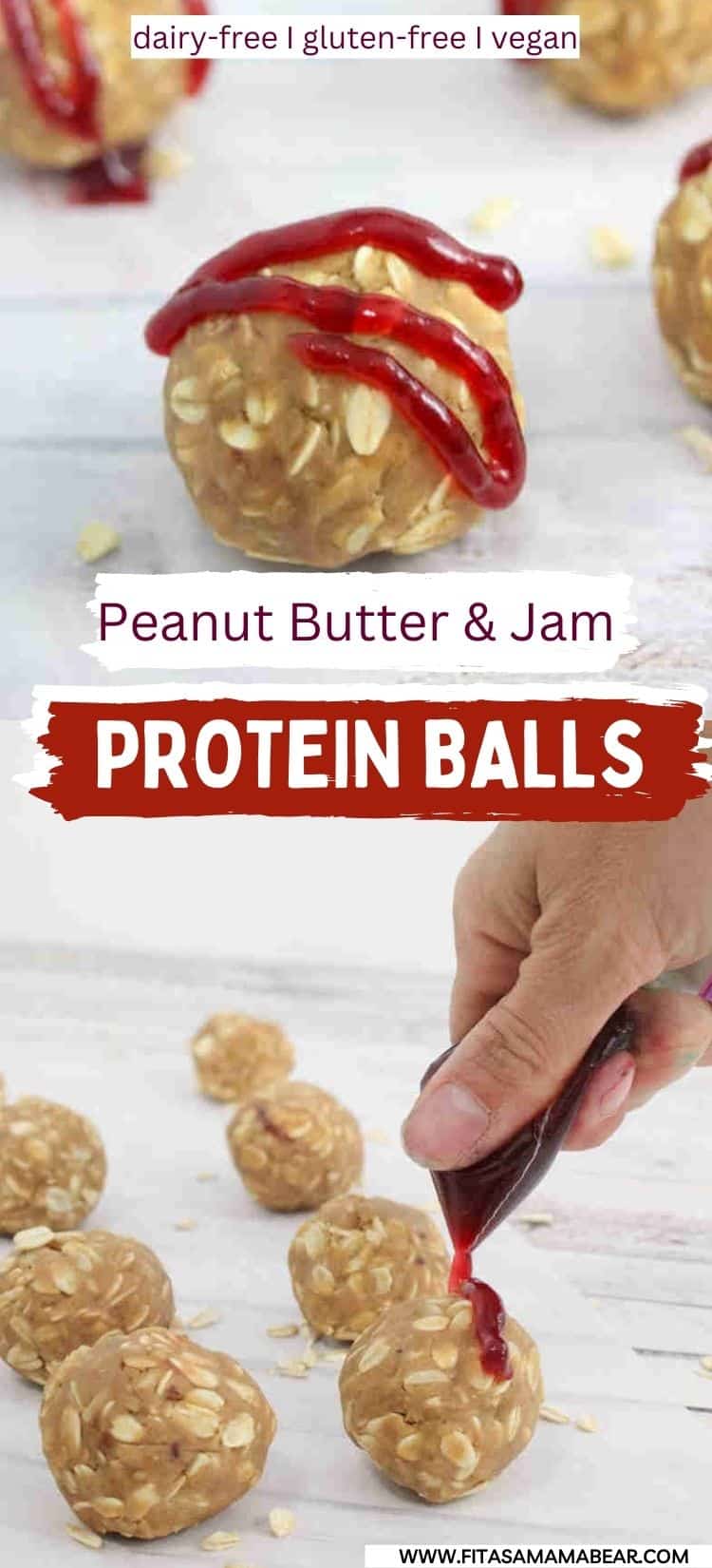Two images of peanut butter protein balls drizzled with jam the top of a close up and the bottom of jam being drizzled.