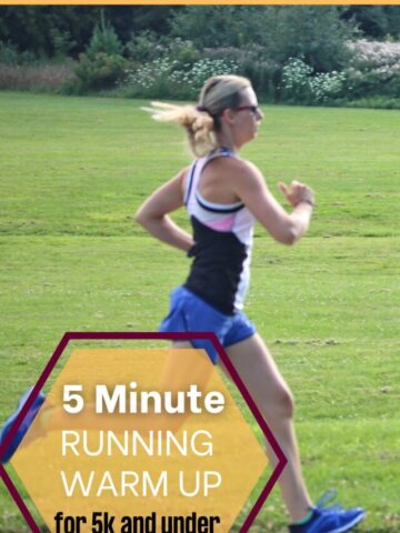 Woman in tank top and blue shorts running outside with text on the image.