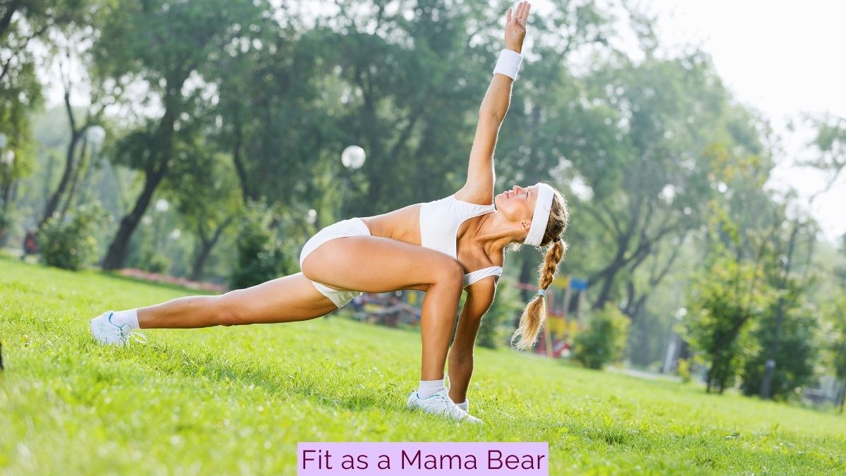 Woman in white workout clothes performing a lunge with a twist outside.