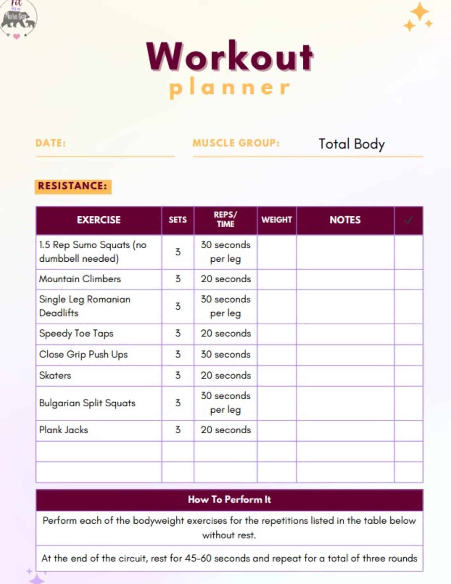 Image of a workout printable with notes on repetitions.