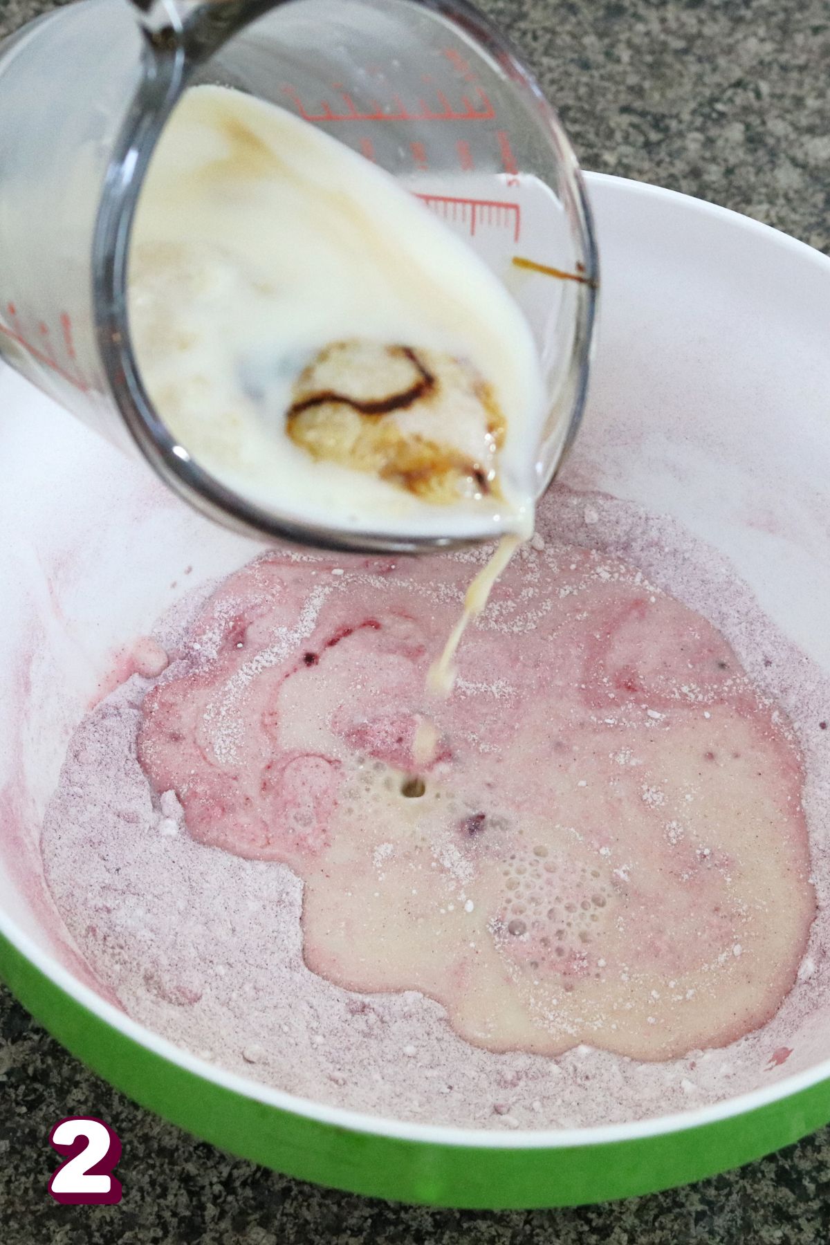 Pour vanilla and milk into a bowl with flour.