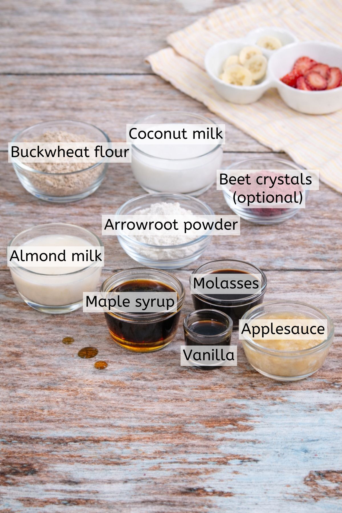 Multiple ingredients in bowls with text labels over the top.