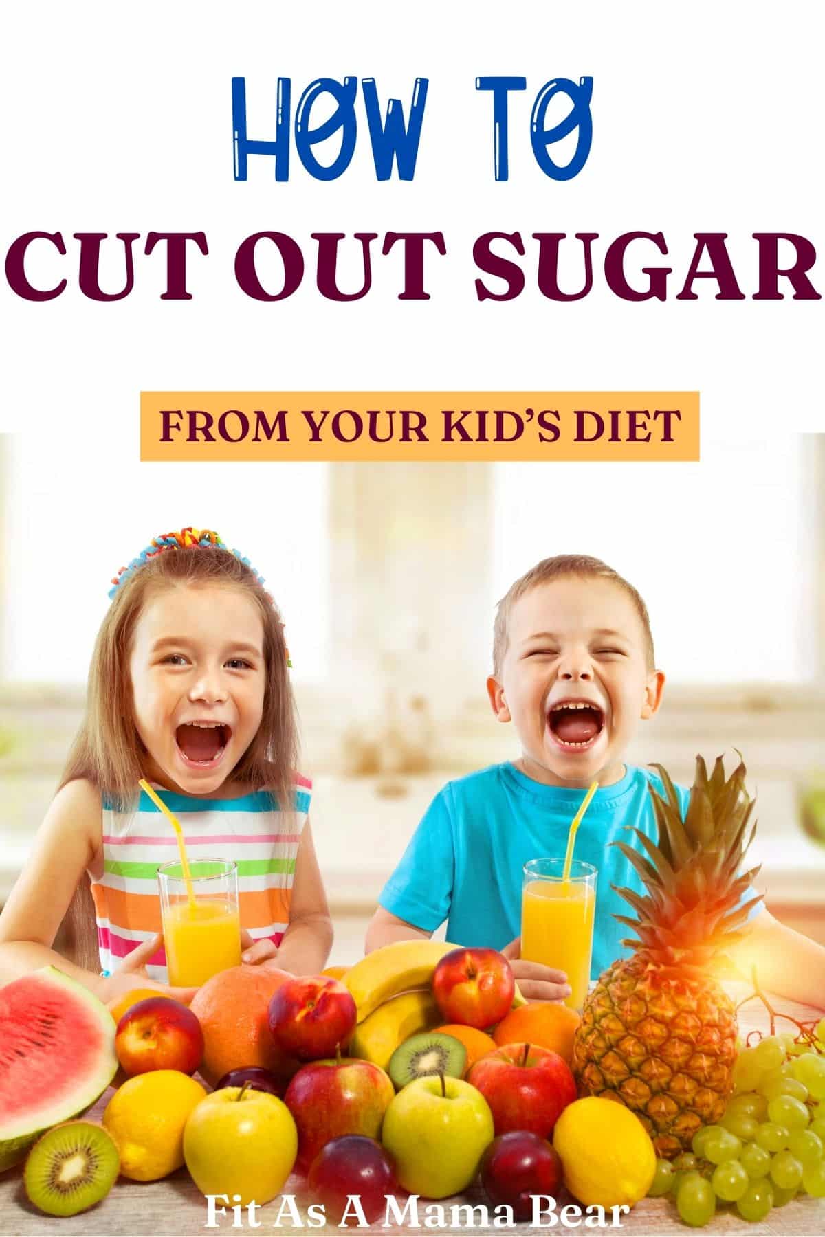 Kids surrounded by healthy fruits and vegetables with text on the image.