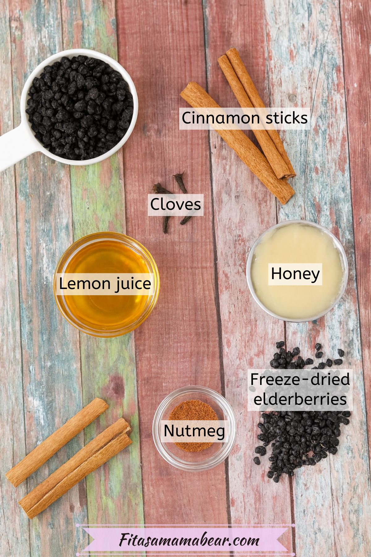 Multiple ingredients to make cough syrup like elderberries, honey, cinnamon, and cloves with text labels over top.