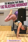 Featured image with text: woman in bright tights and a white shirt performing an arm balance exercise as part of her home workout