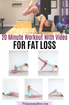 Pinterest image with text: multiple images of a woman performing at home exercises and text about a 20 minute full-body workout