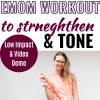 Pinterest image with text: woman in peach shirt and blue short holding a resistance band with text about an EMOM workout