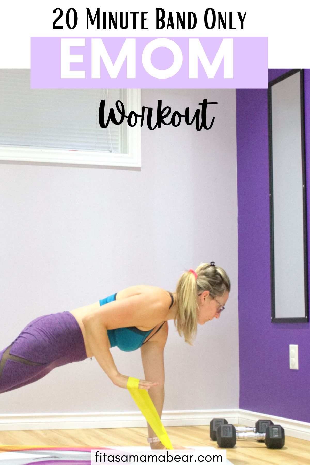 Woman in purple pants and a sports bra performing a mini band row with text on the image.