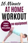 Pinterest image with text: woman in blue shirt and orange shirt performing a bodyweight exercise as part of an EMOM workout