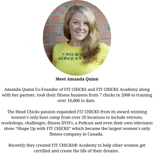 Womens bio: headshot of a women in a yellow shirt wih text biography underneath