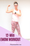 Pinterest image with text: woman in peach shirt and orange pants standing on a white backdrop flexing her bicep
