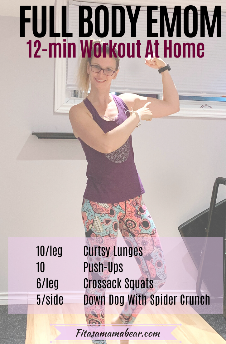 Close up of woman doing push ups and graphics of exercises below it with text between the pictures.