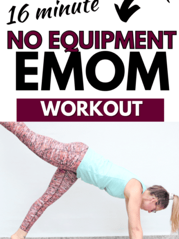 Pinterest image with text: woman in blue shirt and orange shirt performing a bodyweight exercise as part of an EMOM workout