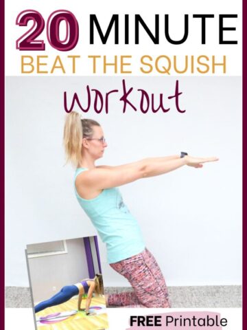 Woman in blue shirt and tights performing a fat burning exercise with text and another image on top of the image.