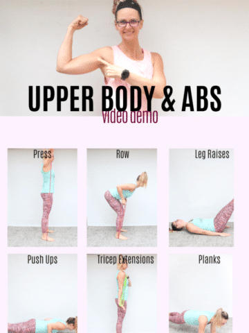 Pinterest image with text: woman in pink shirt and pants flexing her arm muscle and pointing at the camera with exercise demos below