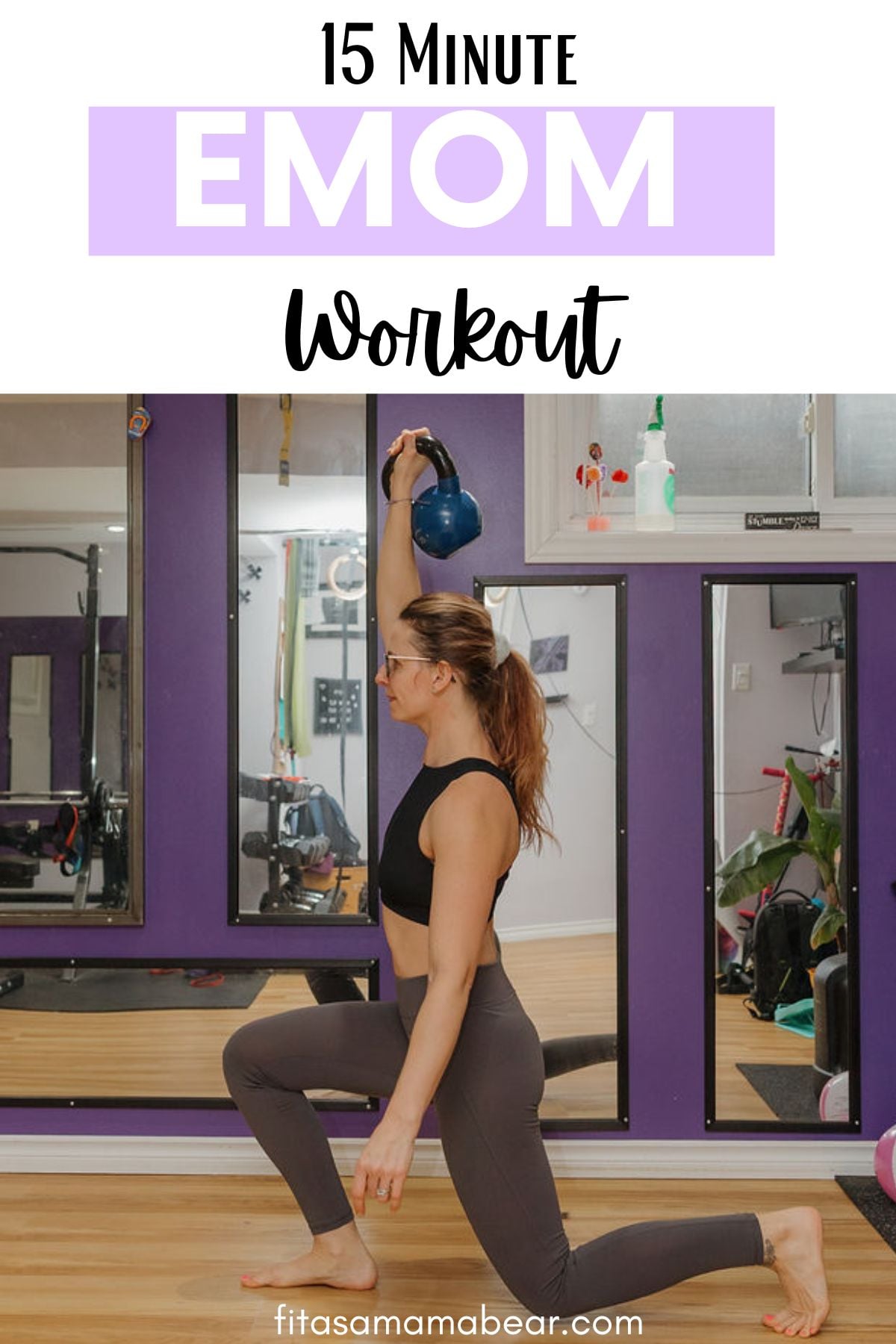 Woman performing an overhead lunge with a kettlebell and text on the image.