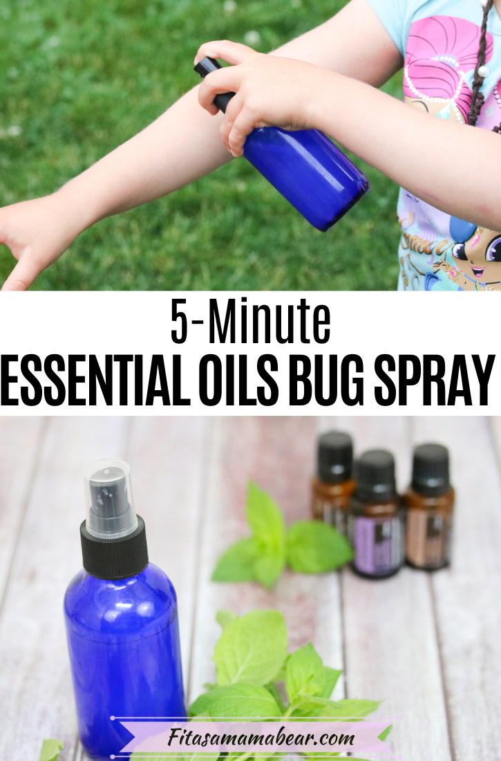 Pinterest image with text: blue cobalt spray bottle with bug spray and leaves and essential oils behind it and a kid spraying the spray on their arm