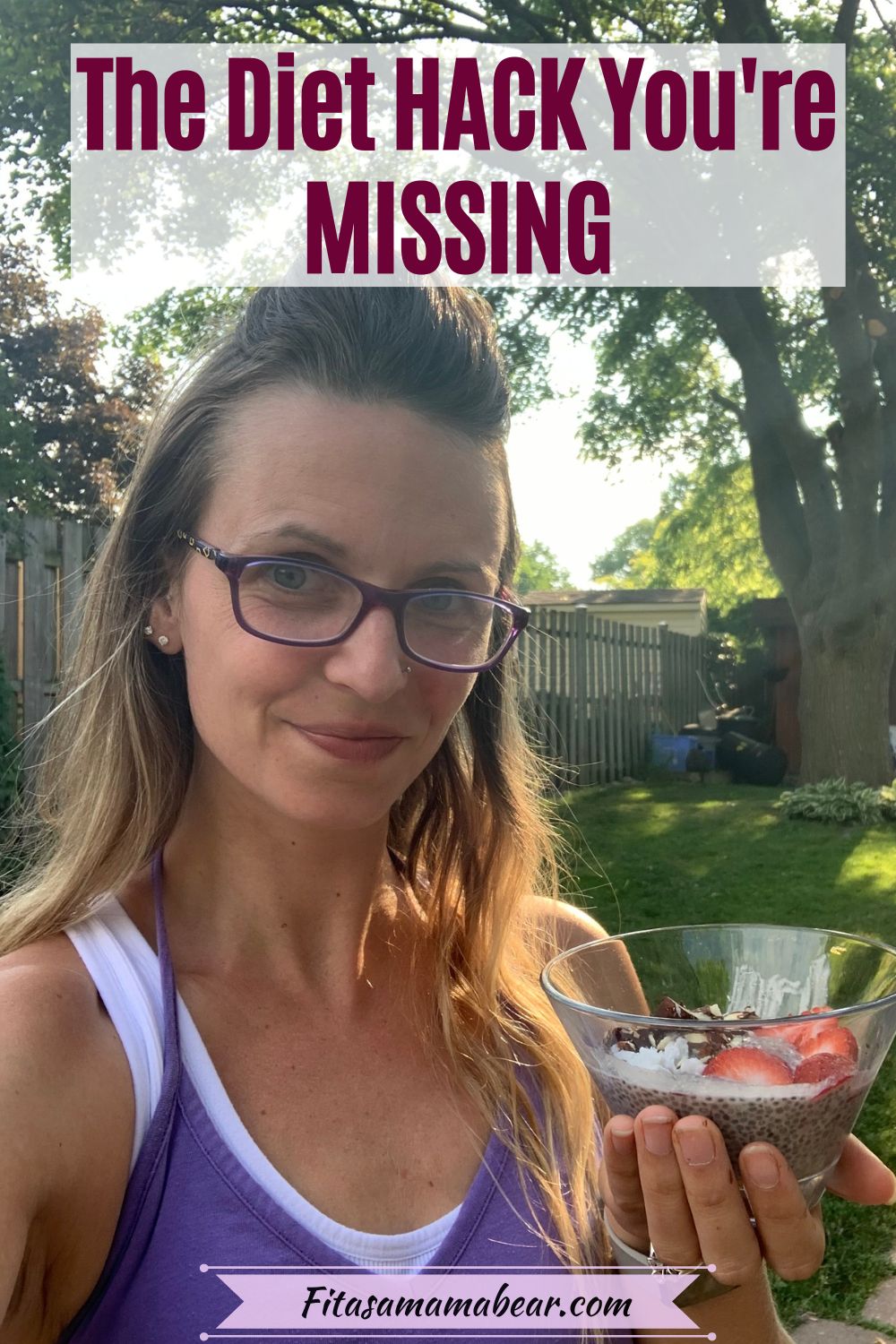 Pinterest image with text: woman in purple shirt outside holding a glass bowl with a snack while smiling at the camera