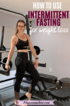 Woman in black sports bra and black pants standing in front of gym equipment with text on the image
