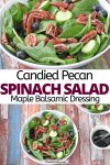 Pinterest image with text: Spinach salad with pecans in a white bowl with another bowl of salad behind it and pecans on the table