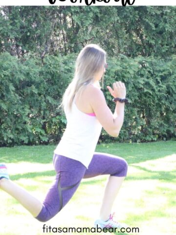 Pin image with text about an EMOM workout and a Woman in purple pants and white shirt outside performing a lunge