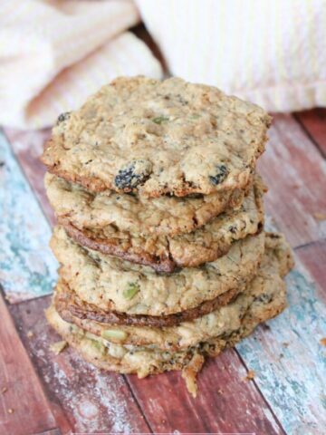 Vegan protein cookies stacked one on top of another.