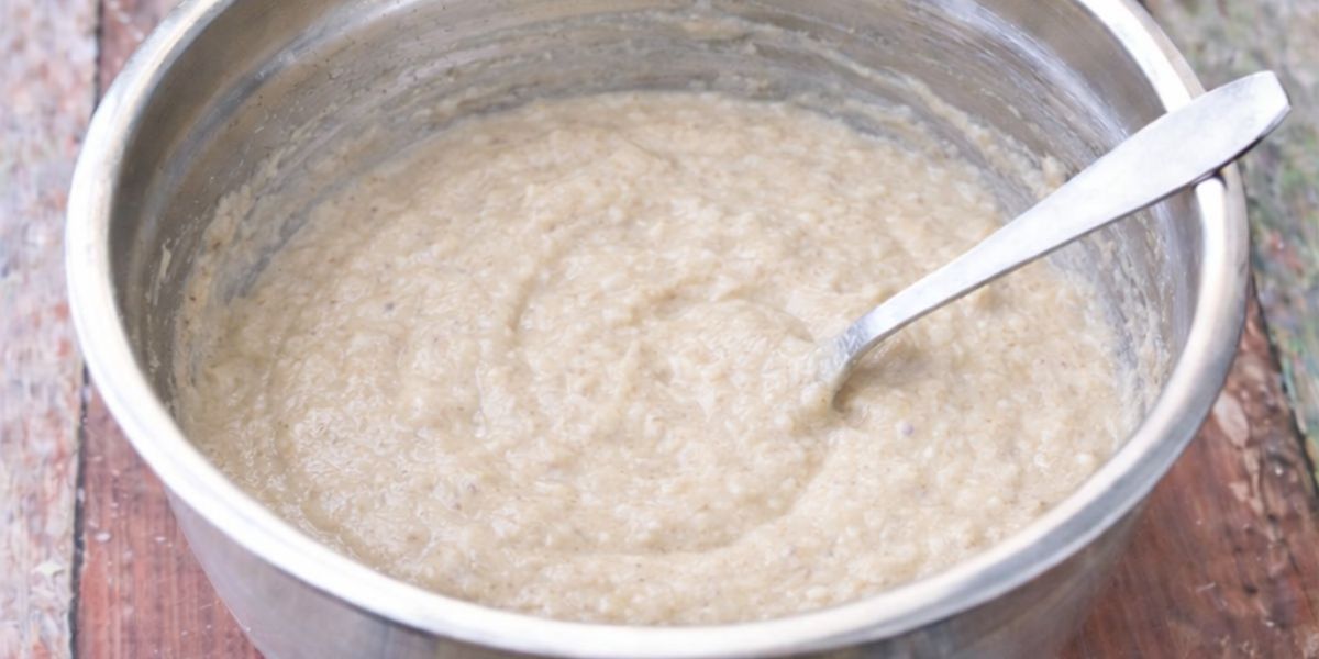 Steel bowl with protein pancake batter in it.