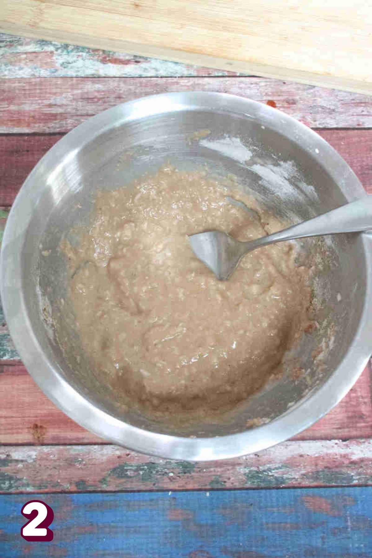 Steel bowl with protein pancake batter in it.