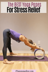 Pinterest image with text: woman in purple shirt and black pants on a yoga mat bending over to stretch on a purple yoga block