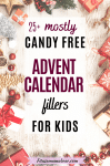 Pinterest image with text: multiple red and white wrapped presents and christmas bells around the outside of the frame with text about advent calendar fillers