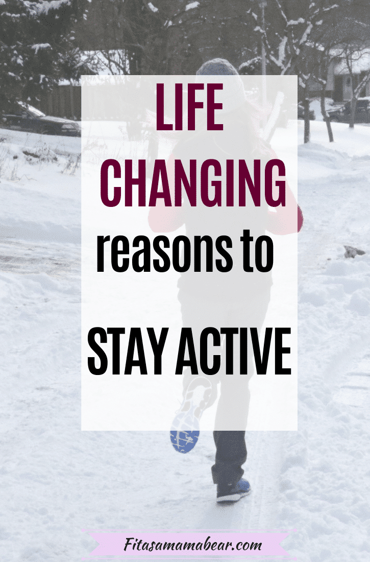 Pinterest image with text: woman in pink long sleeve shirt and dark pants running in the snow with text over top about the benefits of exercise