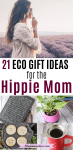 Pinterest image with text: woman in long sleeve white baggy shirt looking over a flower field. picture below her of eco-friendly gift ideas