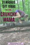 Pinterst image with text: woman in purple shirt and blue shorts performing a yoga pose on a fallen tree with text about eco-friendly gift ideas