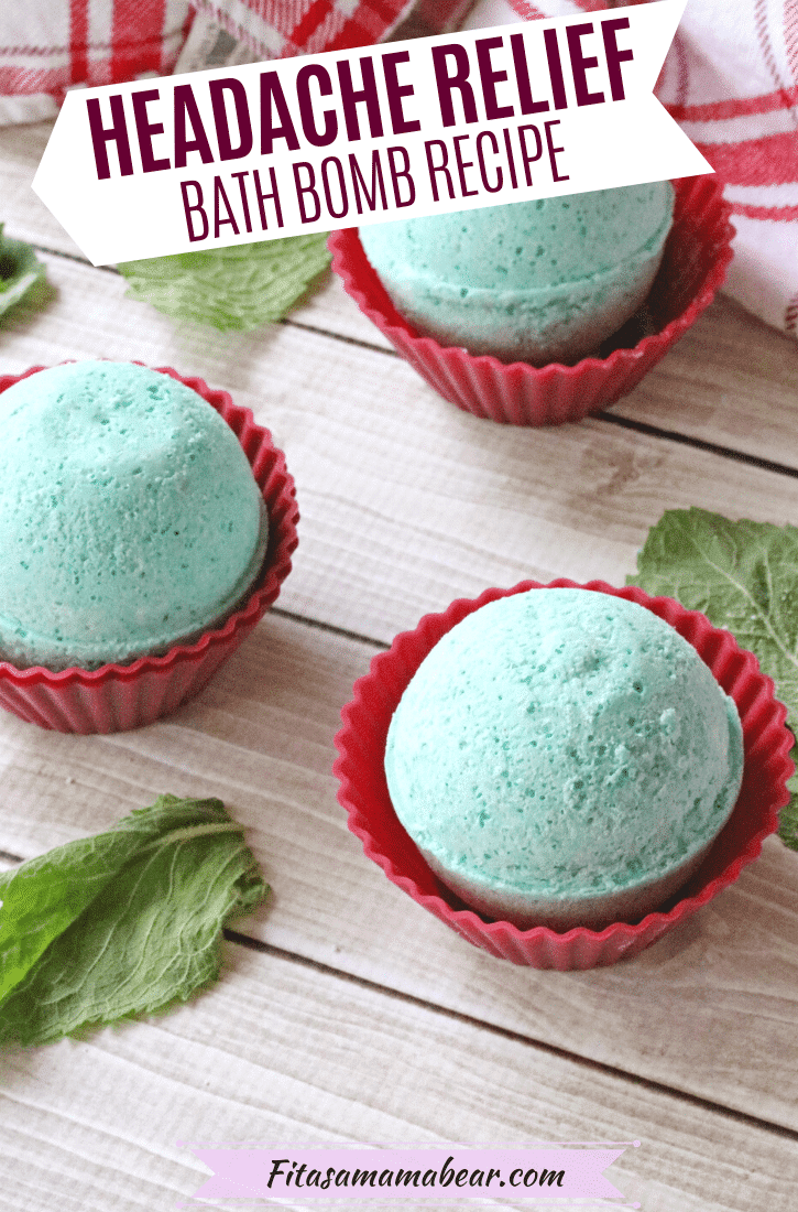Pinterest image with text: three bath bombs for headache relief in red muffin cups with mint and a red linen around them