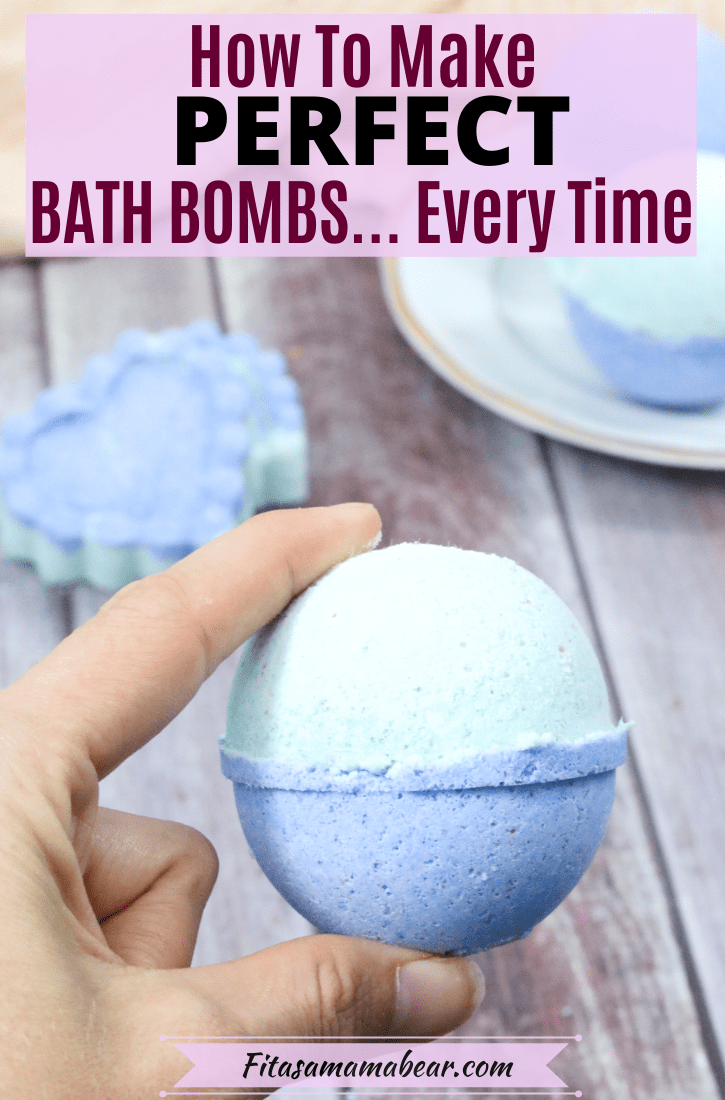 Pinterest image with text: blue and green bath bomb being held between two fingers with bath bombs behind it