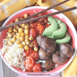 Featured image with text: roasted vegetables, chickpeas and avocados on top of cauliflower rice as a Buddha bowl with chopsticks set along the bowl and a yellow linen