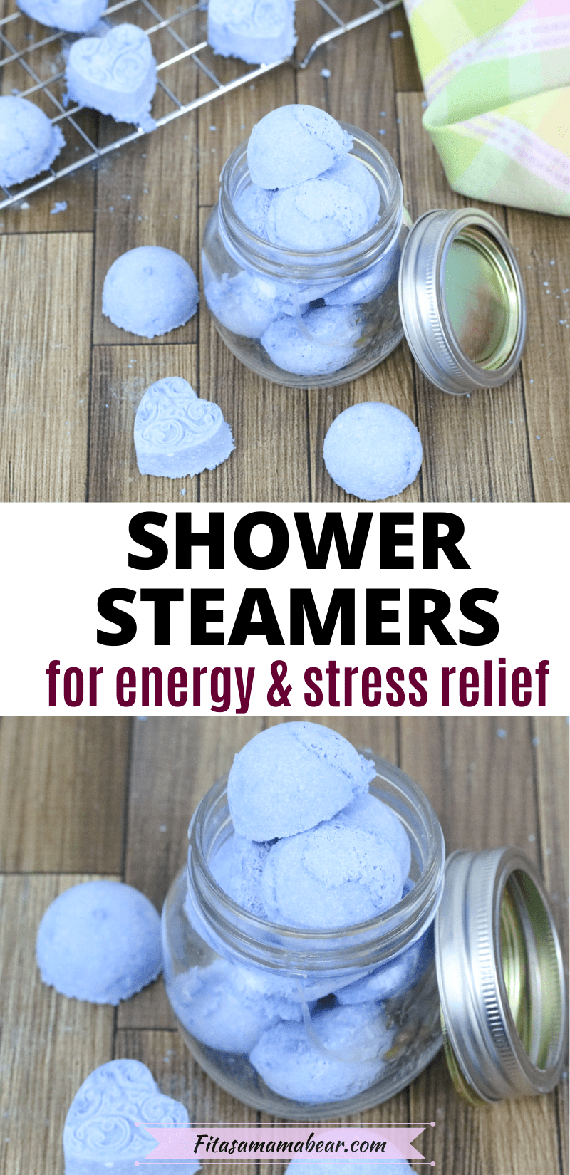 Pinterest image with text: two images of DIY shower melts in mason jars with more steamers around and behind the jar