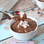 Featured image with text: dairy-free chocolate pudding in a white ramekin with coconut whip cream on top and a spoon pulling out of the pudding