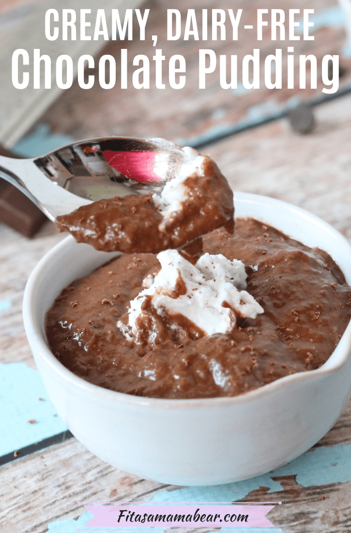 Pinterest image with text: dairy-free chocolate pudding in a white ramekin with coconut whip cream on top and a spoon pulling out of the pudding