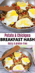 Pinterest image with text: two images of healthy breakfast has in a stainless steel pan topped with eggs and a wooden spoon beside the pan