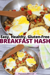 Pinterest image with text: two images of healthy breakfast has in a stainless steel pan topped with eggs and a wooden spoon beside the pan