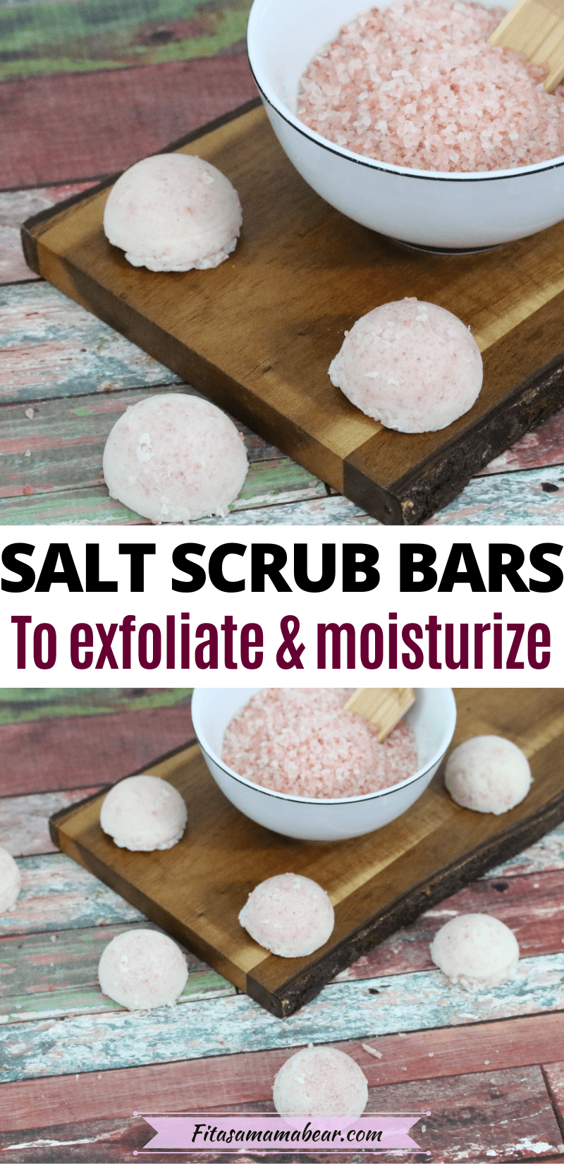 Pinterest image with text: two images of mini DIY salt scrubs pm and around a wooden cutting board with a white bowl of pink salt with a wooden spoon in it