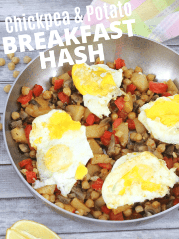 Pinterest image with text: healthy breakfast has in a stainless steel pan topped with eggs and a wooden spoon and lemon beside the pan