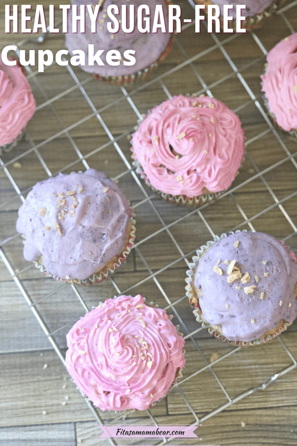 Pinterest image with text: multiple images of first birthday, dairy-free cupcakes in pink and purple with in process images of how to make the healthy cupcakes