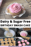 Pinterest image with text: multiple images of first birthday cupcakes in pink and purple with in process images of how to make the healthy cupcakes