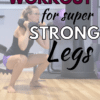 Pinterest image with text: woman in purple shorts and black shirt performing a dumbbell squat with text about a leg workout