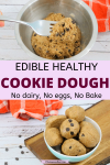 Pinterest image with text: two images of no-bake cookie dough balls, the top the dough in a bowl and the bottom the balls rolled